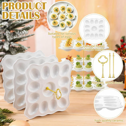 Potchen Multi Tier Ceramic Deviled Egg Platter Deviled Egg Tray Container, Detachable Eggs Holder Tower Wedding Party Food Container for Kitchen Countertop Microwave Dishwasher Freezer(Flower,3 Tier)