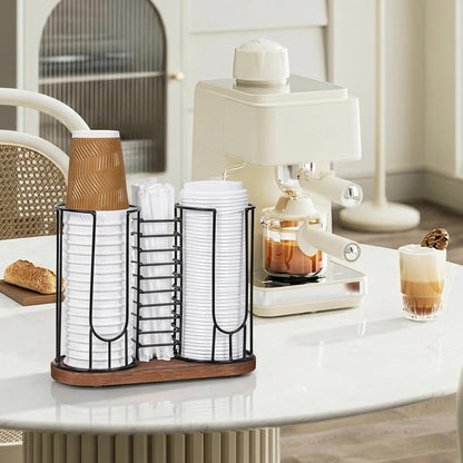 Coffee Cup Dispenser, 3 Compartment Disposable Cup and Lid Holder with Wood Base, Coffee Cup Organizer for Countertop Plastic Cup Station