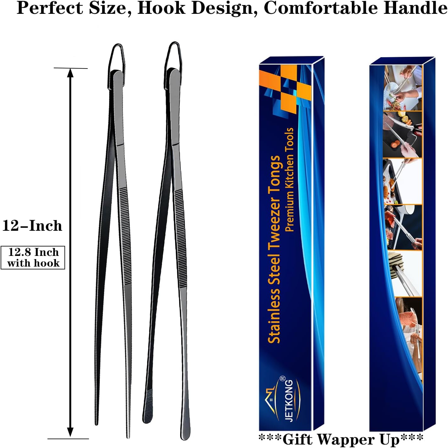 JETKONG 2 Pcs 12-Inch Kitchen Tweezers Fine Tweezer Tongs, Extra-Long Stainless Steel Cooking Tweezers (Silver)