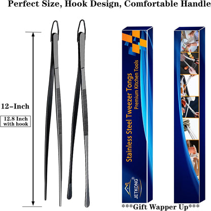 JETKONG 2 Pcs 12-Inch Kitchen Tweezers Fine Tweezer Tongs, Extra-Long Stainless Steel Cooking Tweezers (Silver)
