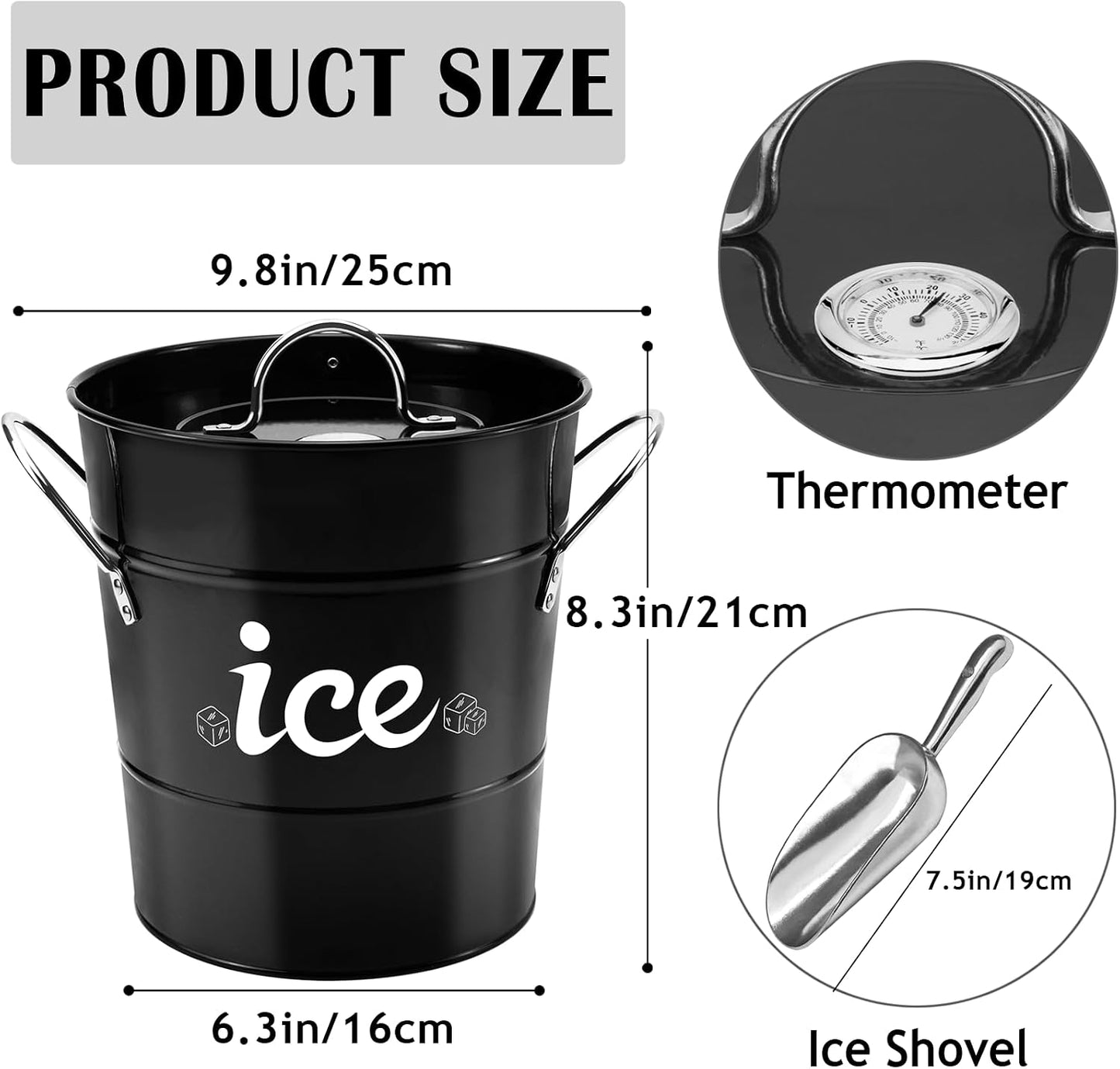 Double Wall Ice Bucket with Thermometer, Metal Wine Chiller Bucket with Lid & Scoop - for Champagne, Wine, Cocktails and Parties, Large Insulated Ice Holder - Perfect for Home & Outdoor Use,Red