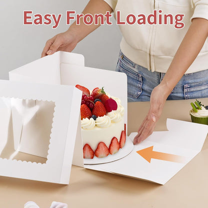 WINKIO 10 Inch Cake Box with Cake Boards, 2 Pack Disposable Cake Carrier, Cakes Transport Container, White Bakery Holder with Window, for Cookies Pies Cupcakes Pastry (10×10×8 Inches)