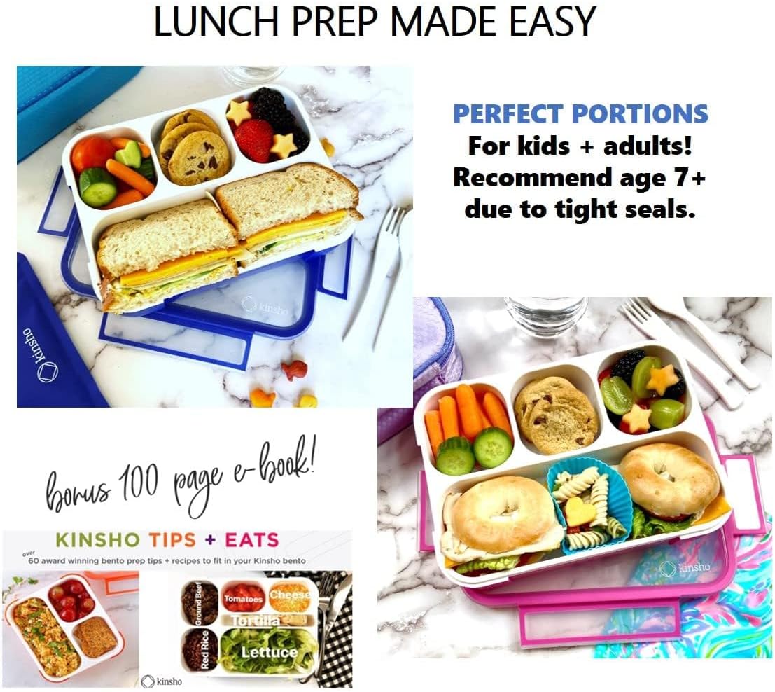 Bento Lunch Box for Kids or Adults, Snack Containers for Boys, Girls, School Daycare Work, 3 Divided Compartments Meal Planning Portion Control, BPA-Free Boxes, Utensils | Blue Purple 2 pack