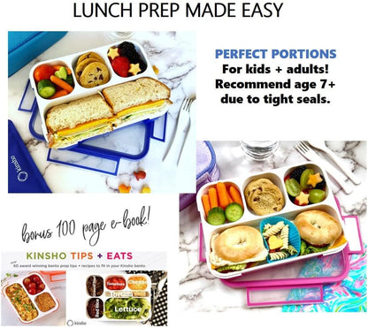 Bento Lunch Box for Kids or Adults, Snack Containers for Boys, Girls, School Daycare Work, 3 Divided Compartments Meal Planning Portion Control, BPA-Free Boxes, Utensils | Blue Purple 2 pack