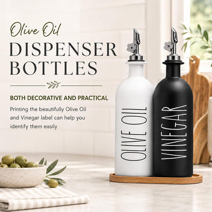 HOMCDALY Premium Olive Oil Dispenser for Kitchen, 11.8oz Glass Oil Bottles with Bamboo Tray, White Oil&Vinegar Cruet Set, Kitchen Dispenser Bottles with Pourer| Set of 2 (11.8oz –P–White)