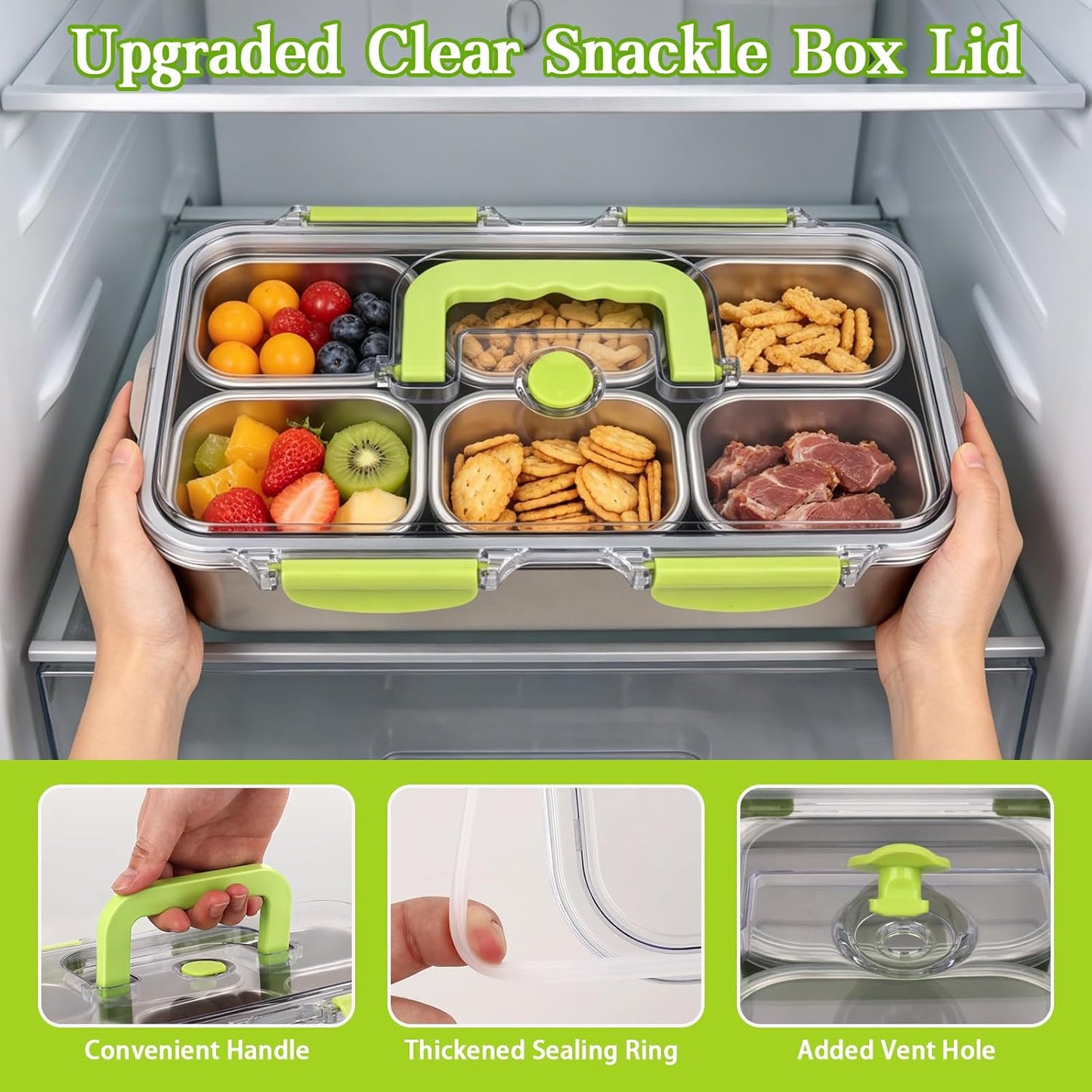 weiwei 6 Compartments Snackle Box Container, Reusable Divided Serving Tray with Lid and Handle, Portable Snack Box Container Snacklebox for Snacks Fruit Candy Picnic Beach Camping, Plastic