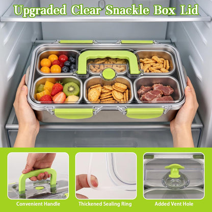 weiwei 6 Compartments Snackle Box Container, Reusable Divided Serving Tray with Lid and Handle, Portable Snack Box Container Snacklebox for Snacks Fruit Candy Picnic Beach Camping, Plastic