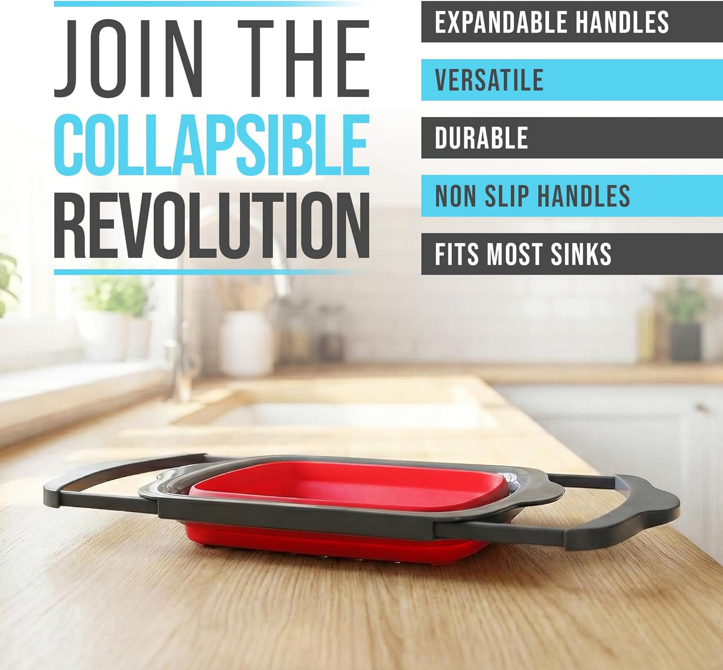 Comfify Coral XL Collapsible Silicone Over Sink Colander – 6 Quart | Coral; extends to 25" to span most sinks hands available; collapses flat; 6 Qt; heat resistant to 176°F; pasta, veg, fruit