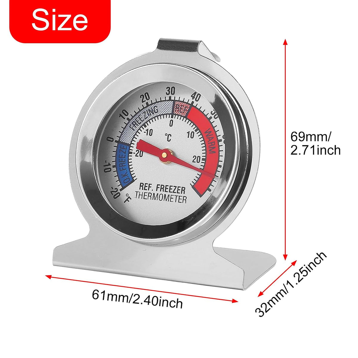 Refrigerator Thermometer -30~30°C/ 20~80°F Fridge Analog Freezer Thermometer Stainless Steel Large Dial Temperature Gauge for Home, Kitchen, Restaurants Refrigerator