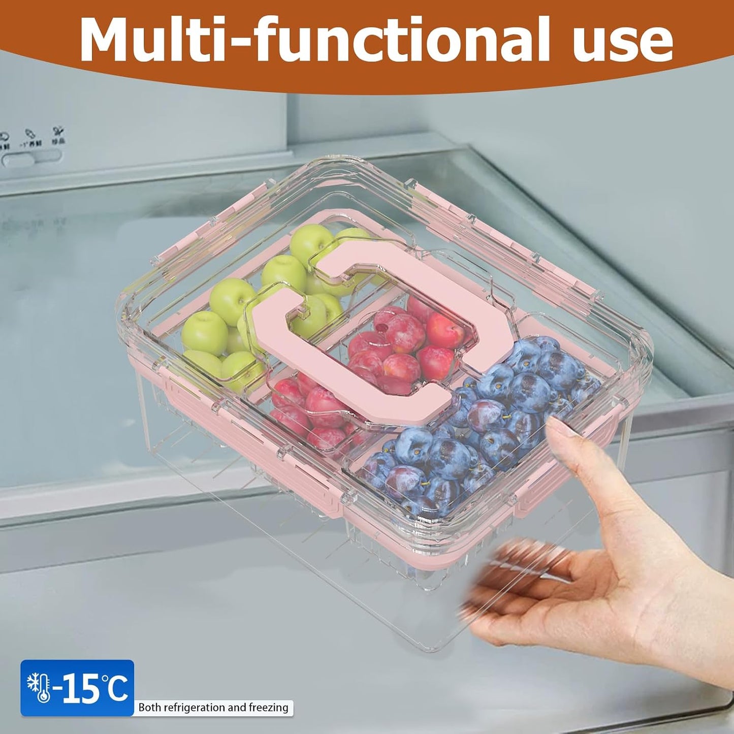 Sorgion Ice Chilled Condiment Caddy with Portable Handle, 5 Compartment Serving Tray with Built-in Bread Slicer and Ice Chamber, Clear Garnish Tray for Bar, Taco Party, BBQ, Picnic & Fruit Pink