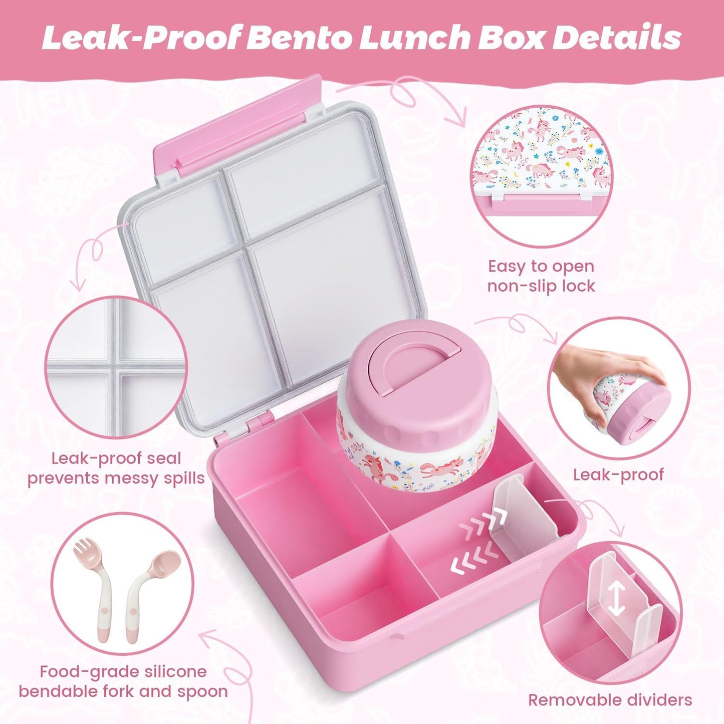 Kids Bento Lunch Box with Thermos, Leakproof Toddler Bento Box with 9 OZ Insulated Food Jar, Lunch Bag & Utensils 3 or 4 Compartment Container for School Girls Boys