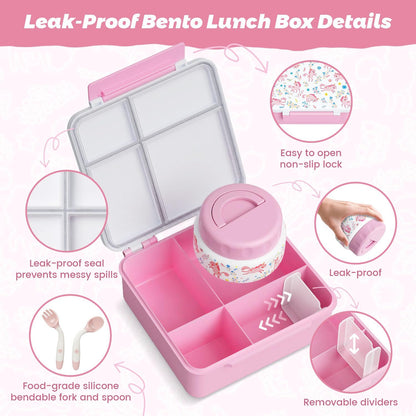 Kids Bento Lunch Box with Thermos, Leakproof Toddler Bento Box with 9 OZ Insulated Food Jar, Lunch Bag & Utensils 3 or 4 Compartment Container for School Girls Boys