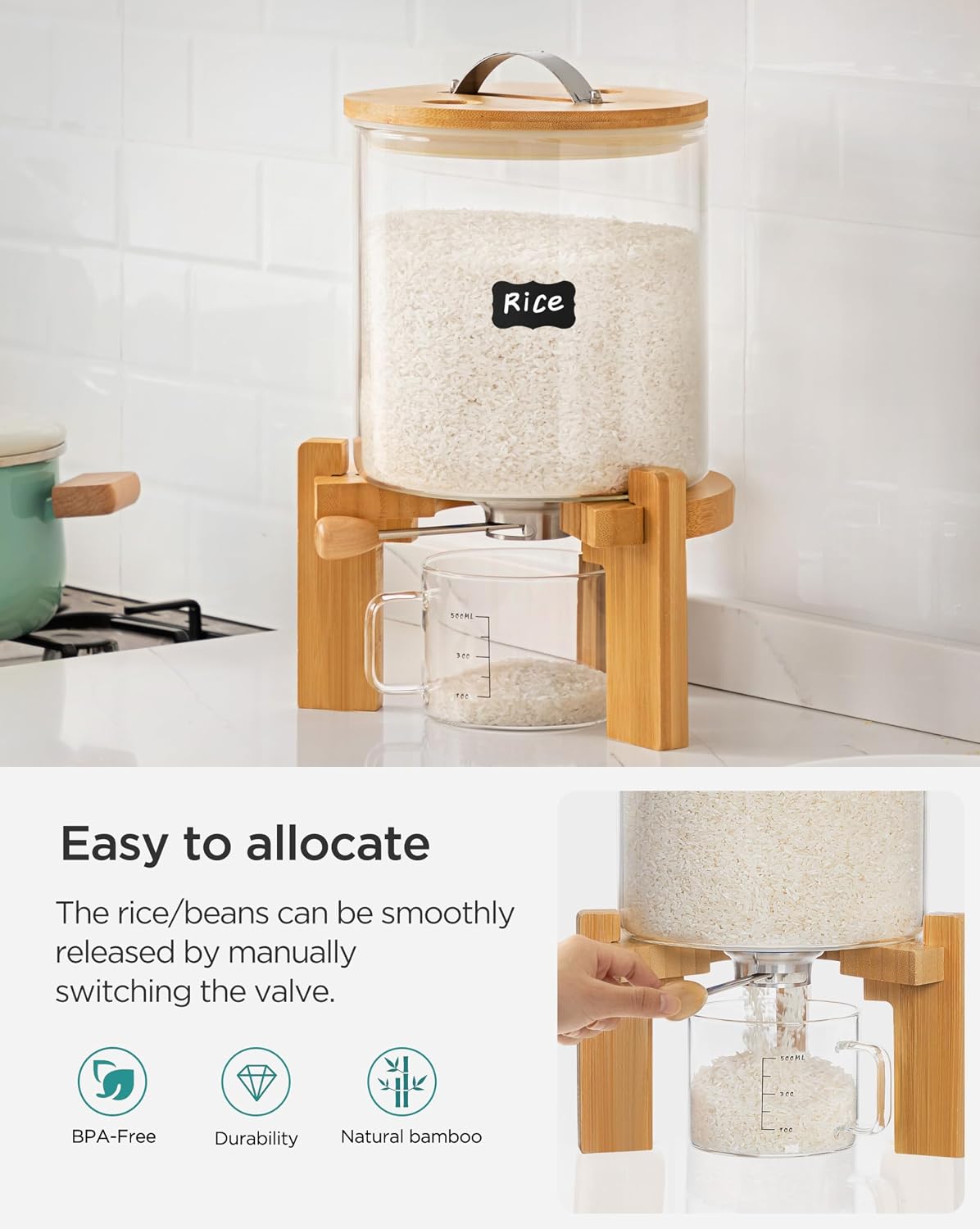 5-7 lbs Glass Rice Dispenser with Wooden Stand Flour and Cereal Container with Glass Measuring Cup & Labels & Slider mat Pantry Food Organization Storage Bin with Airtight Bamboo Lid, 3L