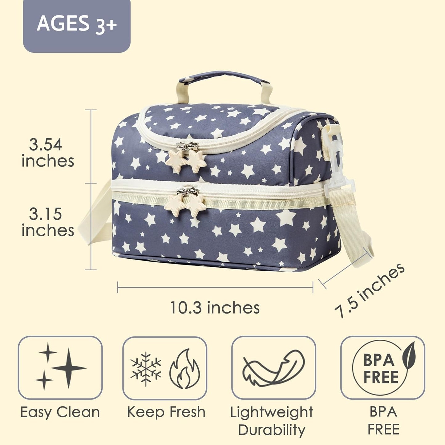 Insulated Kids Dual Compartment Lunch Bags Tote Pack for Girls Boys Toddler Kindergarten School Picnic Cooler Thermal Lunch Boxes with Strap (Green Rainbow)