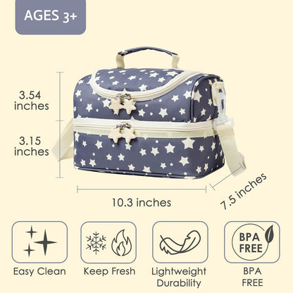 Insulated Kids Dual Compartment Lunch Bags Tote Pack for Girls Boys Toddler Kindergarten School Picnic Cooler Thermal Lunch Boxes with Strap (Green Rainbow)