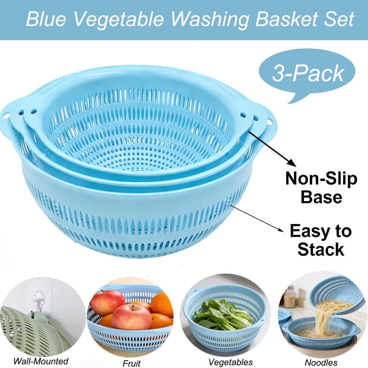 3 pcs Plastic Wash Basket Round Perforated Colander Wash Vegetables and Fruits Drain Cooked Pasta Kitchen Essentials Food Strainer Basket Strainer Kitchen Blue Yellow green red (3PCS-Green)