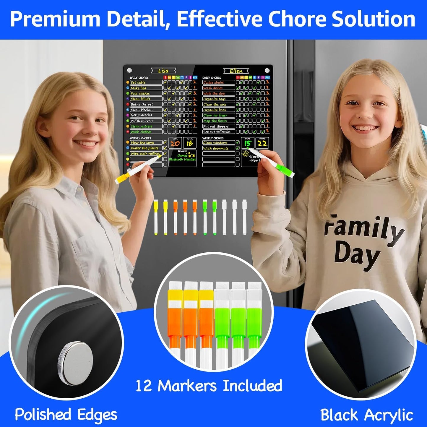 PigPotParty 2-in-1 Acrylic Magnetic Chore Chart for 2 Kids, Couples, Roommates, 15"x11" Large Dry Erase Chore Board for Fridge, Clear Weekly & Daily Reward Chart, Includes 12 Markers & Towel