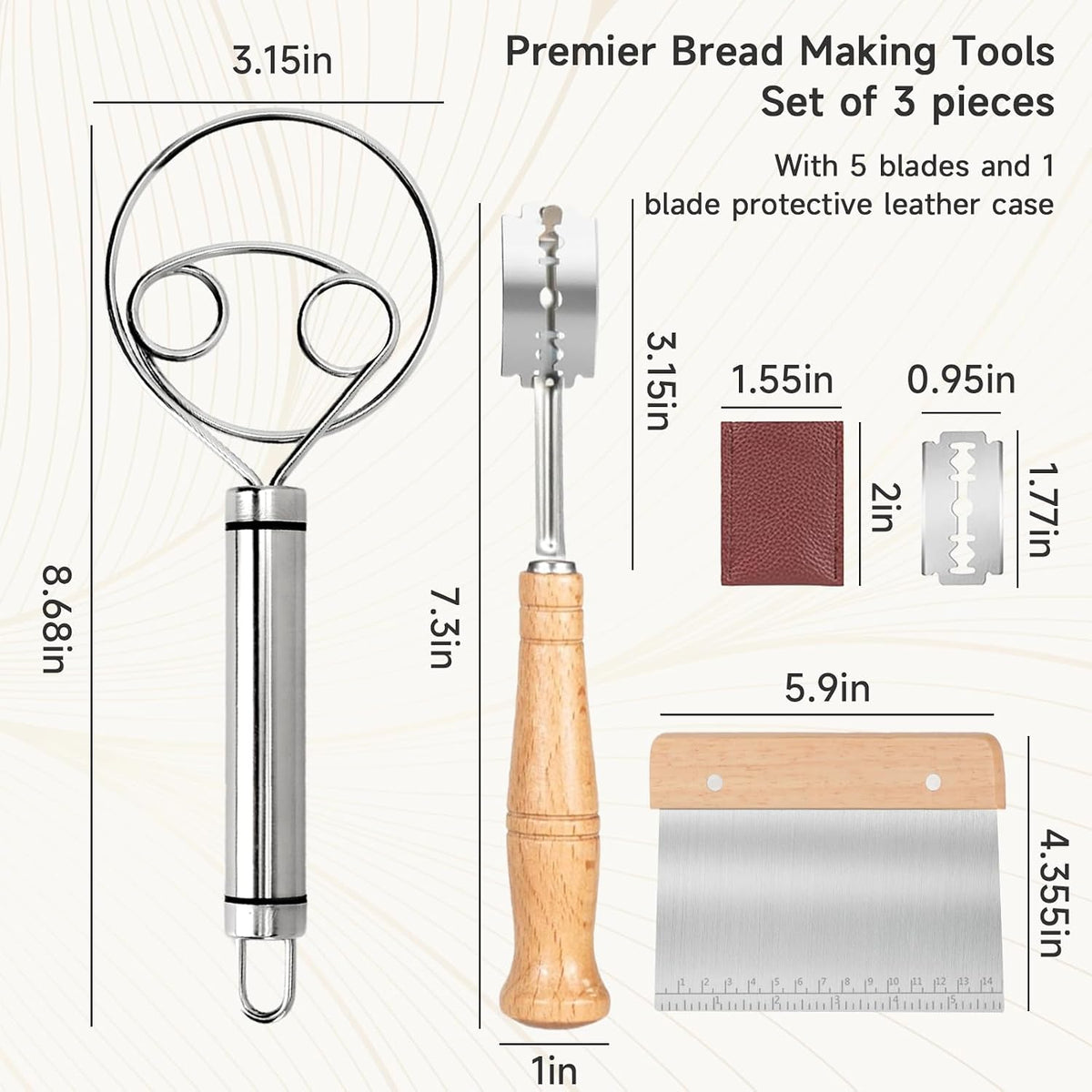 Hand Crafted Bread Lame Premium Sourdough Scoring Tool Bread Making Tools pieces Bread Knife(5 Blades) with Dough Scraper Bread Cutter