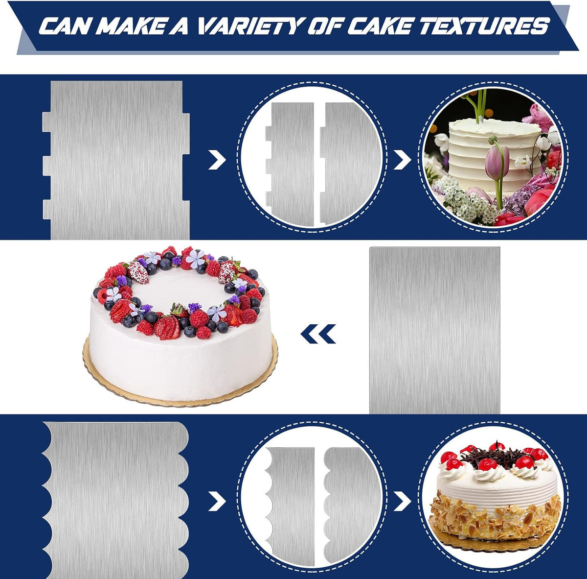 Yinkin 3 Pcs 12 Inch Cake Scraper Smoother Stainless Steel Cake Scraper Metal Large Double Sided Patterned Edge Decorating Comb Icing Smoother for Mousse Butter Cream Dessert Decoration