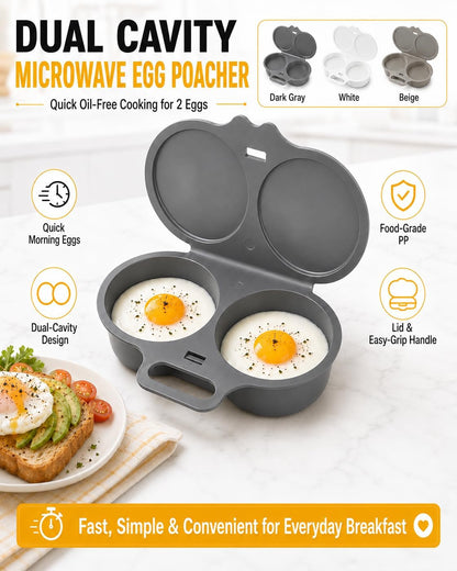 Microwave Egg Poacher, 2 Egg Cooker with Lid, Dual Cavity Design, Black