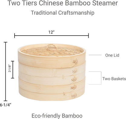 JapanBargain 2224, Large Chinese Bamboo Steamer Steaming Basket for Vegetable Seafood Dim Sum Dumpling Bun Egg, 12-inch