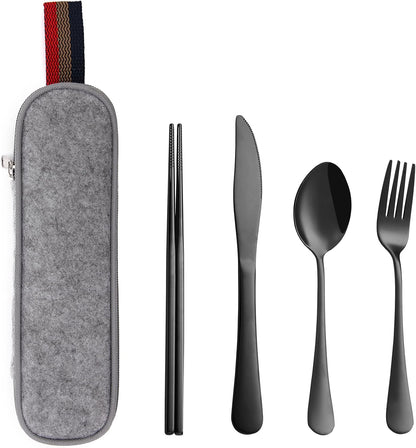 DEVICO Camping Utensils, Full-Size Reusable Silverware for Lunch Adult, Stainless Steel Travel Cutlery Set with Case, Portable Fork Spoon Knife Set for Work, Flatware with Chopsticks (Rainbow)