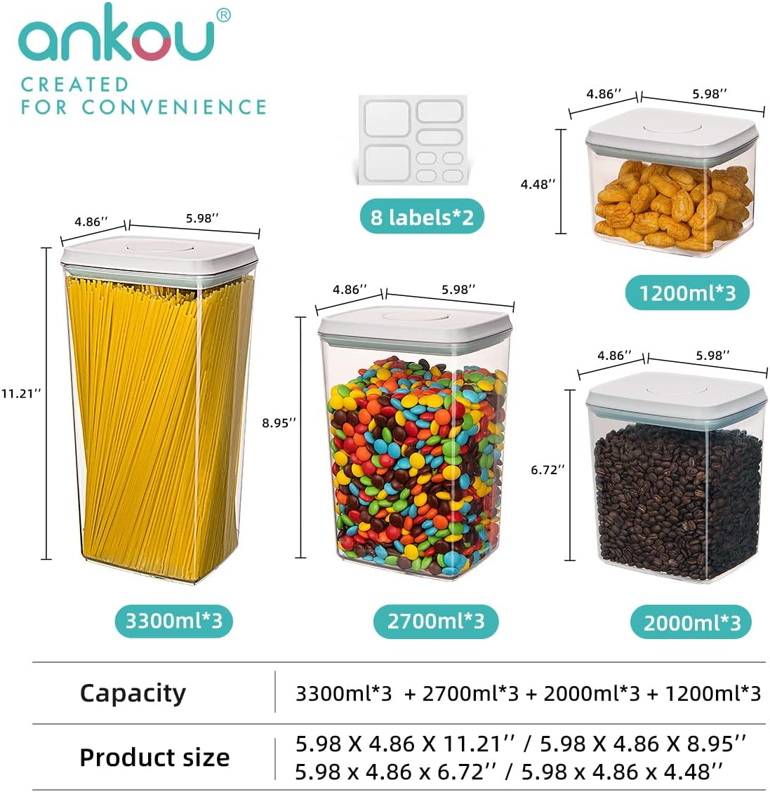 Ankou Airtight Container Set - (380ml 4 Pcs) Stackable One Button Openning Food Containers for Snacks Candy Salt Herbs Spices BPA-Free Tranparent (0.32 QT * 4)