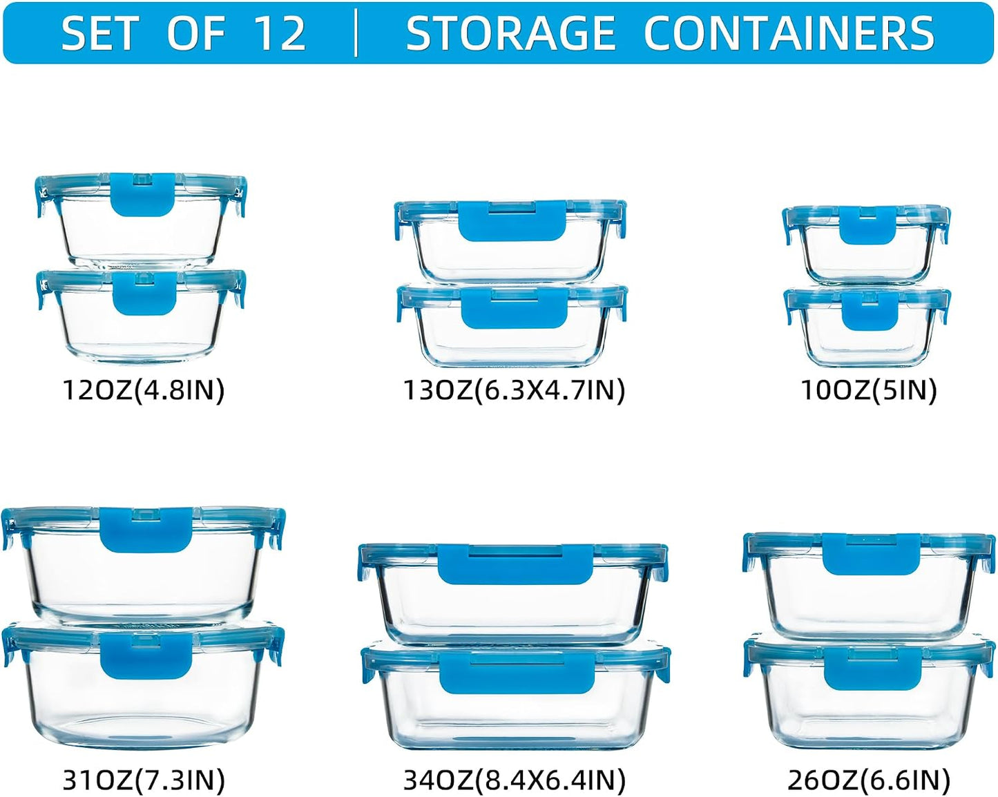 12 Pack Glass Storage Containers with Lids, Leak-Proof Meal Prep Containers, Dishwasher/Microwave/Oven/Freezer Safe Glass Food Storage Containers for Leftovers, to Go