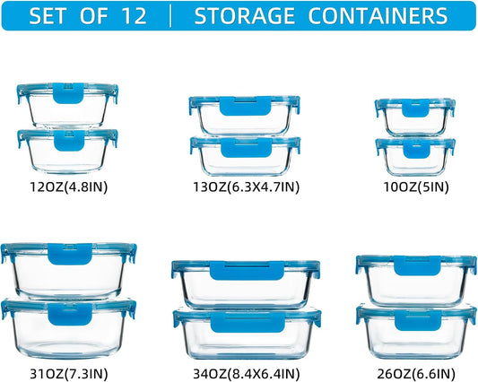12 Pack Glass Storage Containers with Lids, Leak-Proof Meal Prep Containers, Dishwasher/Microwave/Oven/Freezer Safe Glass Food Storage Containers for Leftovers, to Go