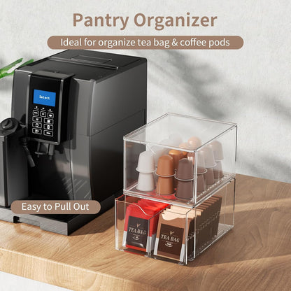 4 Pack Clear Tea Bag Organizers with Adjustable Dividers, Stackable Tea Drawer Organizer Box for Pantry, Coffee Bar, Kitchen Cabinet, Acrylic Food Storage Bins for Snacks, Sugar & Spice Packets