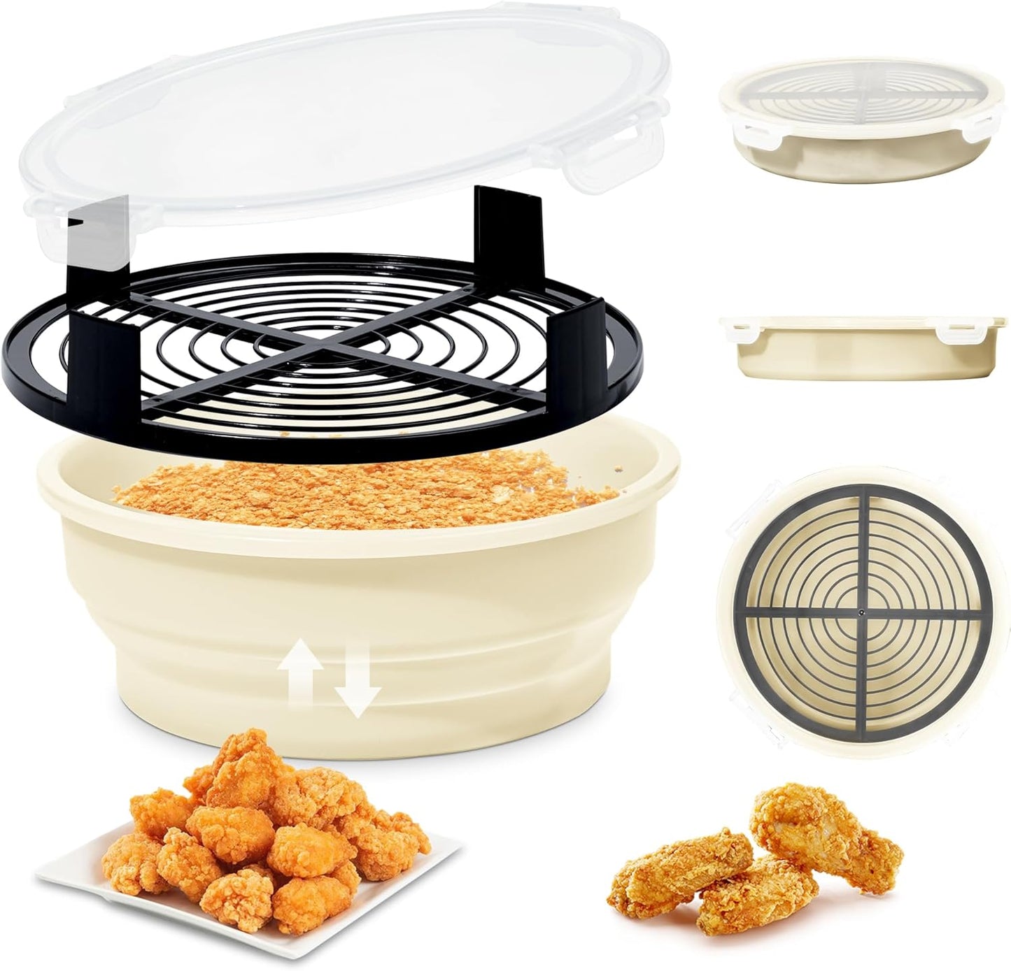 FJNATINH Collapsible Batter Bowl - Mess Free Better Breader Shaker Bowl with Lid Breading Shaker Container for Fried Fish, Fried Chicken, Onion Rings & More,No Leak,Easy to Store,Light Blue