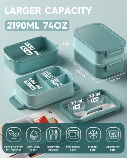 KEMETHY Adults Bento Lunch Box Set with Thermo Bag, 74oz Stackable Leak-proof 3-tiers Bento Box, Built-in Utensil and Sauce Container for Work, School, Dining Out (Gray)