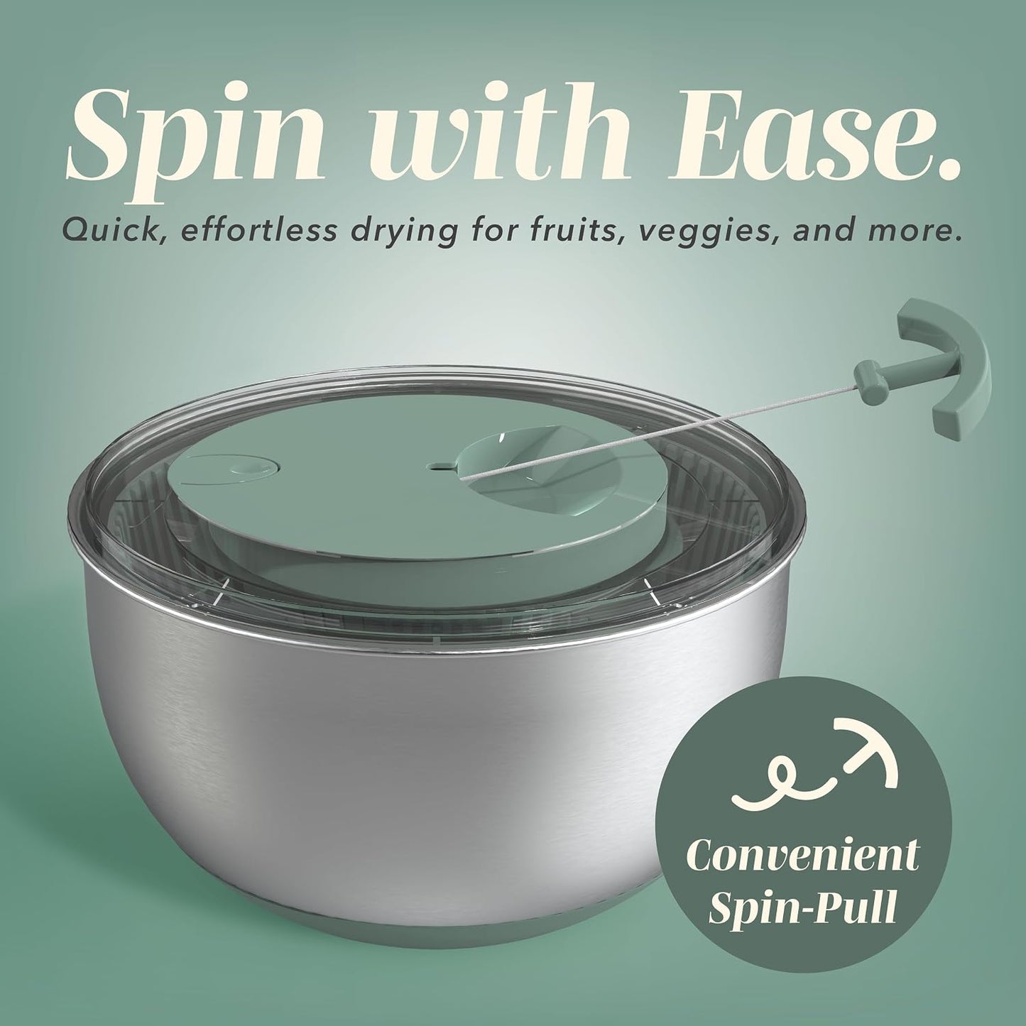 COOK WITH COLOR Stainless Steel Salad Spinner - 5 Qt. Lettuce Washer And Vegetable Spinner Dryer for Easy Salad Prep - Non Slip Base with Pull Handle - Auto Stop Brake System, Stain and Odor Resistant