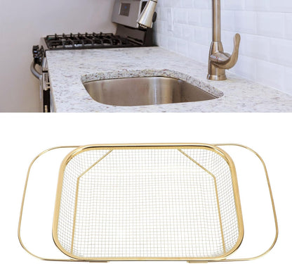 Over The Sink Colander, Stainless Steel Expandable Baskets with Handles Rectangle Kitchen Fine Mesh Strainer Basket for Strain Drain Rinse Fruits Vegetables (Gold)