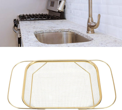 Over The Sink Colander, Rectangle Stainless Steel Over The Sink Strainer Basket For Kitchen Sink with Handles Fine Mesh Expandable Handy Kitchen Tool Kitchen Essentials (Rose Gold)