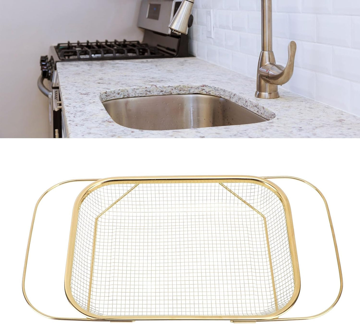 Over The Sink Colander, Expandable Stainless Steel with Fine Mesh Strainer Basket Vegetable Fruit Wash Basket with Handles for Kitchen Sink, Home Kitchen Essentials (Gold)