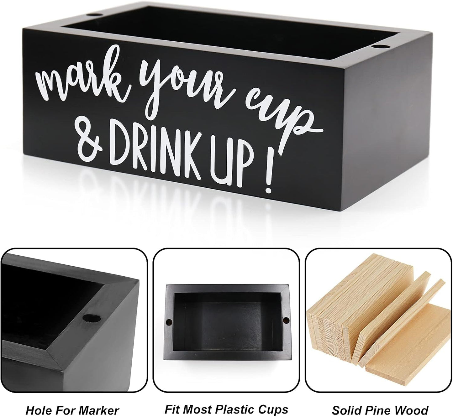 Double Cup Holder Party Cup Dispenser Wooden Cup Organizer Mark Your Cup and Drink Up Caddy Farmhouse Bar Counter Decor Holiday Halloween Christmas Party Supplies (Black)