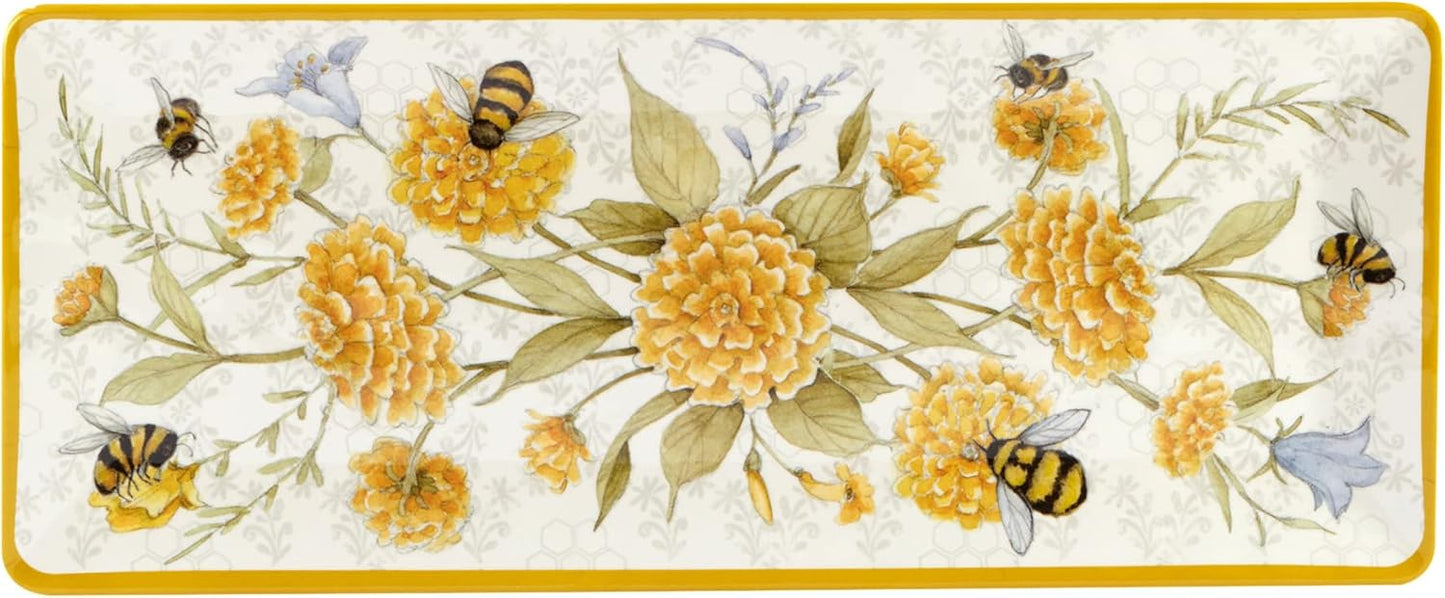 Bee Sweet 3-Piece Melamine Serveware Set – Includes 14.5" Chip & Dip, 14.5"x5.75" 3-Section Tray & 19"x8" Platter with Bee & Floral Designs for Spring Entertaining & Outdoor Dining