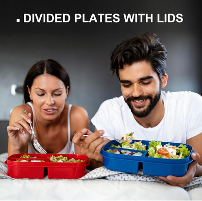 Hushee 4 Pcs Microwave Food Storage Tray Containers with Ventilation Lids 3 Compartment Divided Plates Portion Plate Fits Microwave Fridge(Rectangle,Mixed Colors,10.04 x 6.38 x 2.24 Inch)