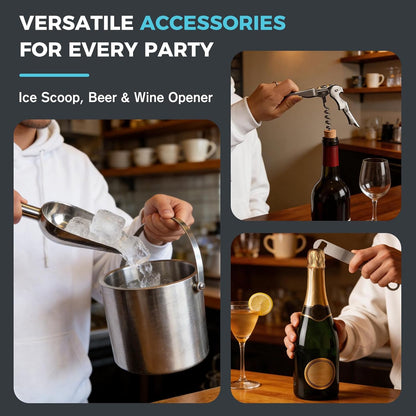 Ice Buckets for Parties 3L (101 fl oz) - 6PC Stainless Steel Ice Bucket with Lid, Scoop, Tongs & Beer Wine Opener – Double-Wall Insulated Bar Ice Bucket for Cocktail Bar & Outdoor Events