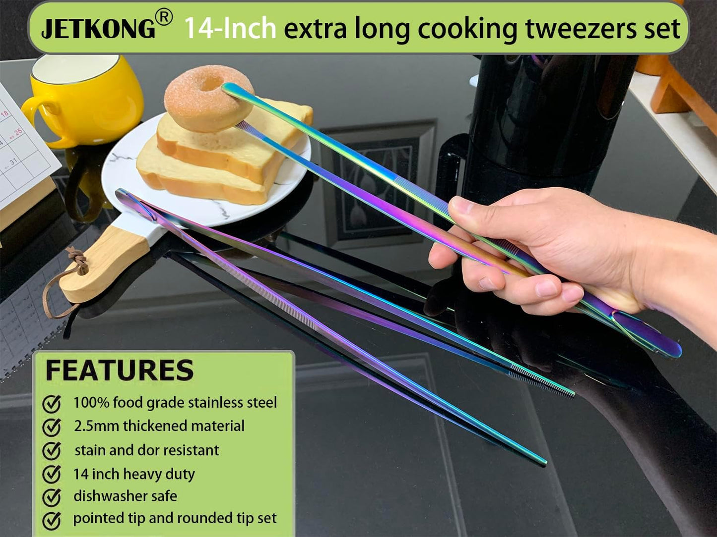 JETKONG 2 Pcs 12-Inch Kitchen Tweezers Fine Tweezer Tongs, Extra-Long Stainless Steel Cooking Tweezers (Silver)