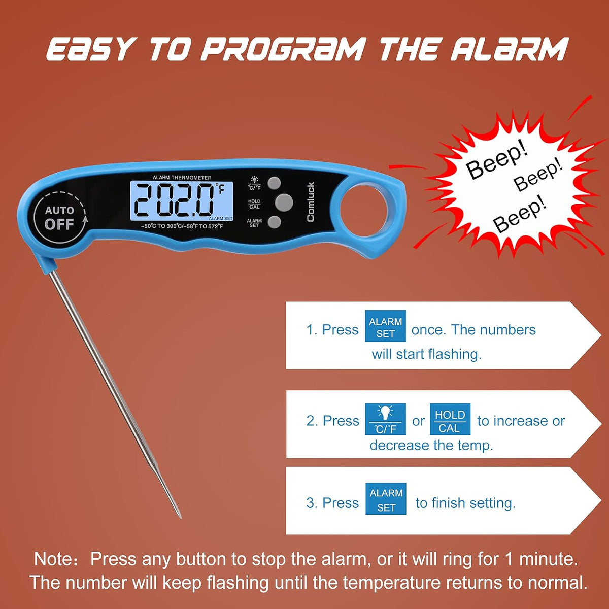Digital Meat Thermometer for Cooking - Comluck CA002 Instant Read Meat Thermometer for Grilling and Smoking 2-in-1 Dual Probe Oven Safe Food Thermometer with Alarm for Grill BBQ Steak Turkey