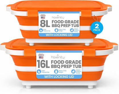 BBQ Prep Tub 2 Pack (8L+8L) - Multifunctional Collapsible Camping Cutting Board with Upgraded Locking Lid, Meal Prep Meat Storage Container Perfect for Grilling, Outdoor Cooking (Large x 2)