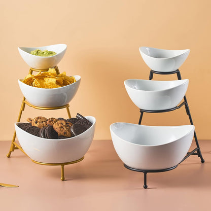 LYEOBOH 3 Tier Serving Bowls Set Tiered Serving Stand, Porcelain Oval Bowls with Collapsible Metal Stand for Entertaining, Party, Dessert Display, Candy, Chip and Dip (Gold)-45oz / 17.5oz / 7oz