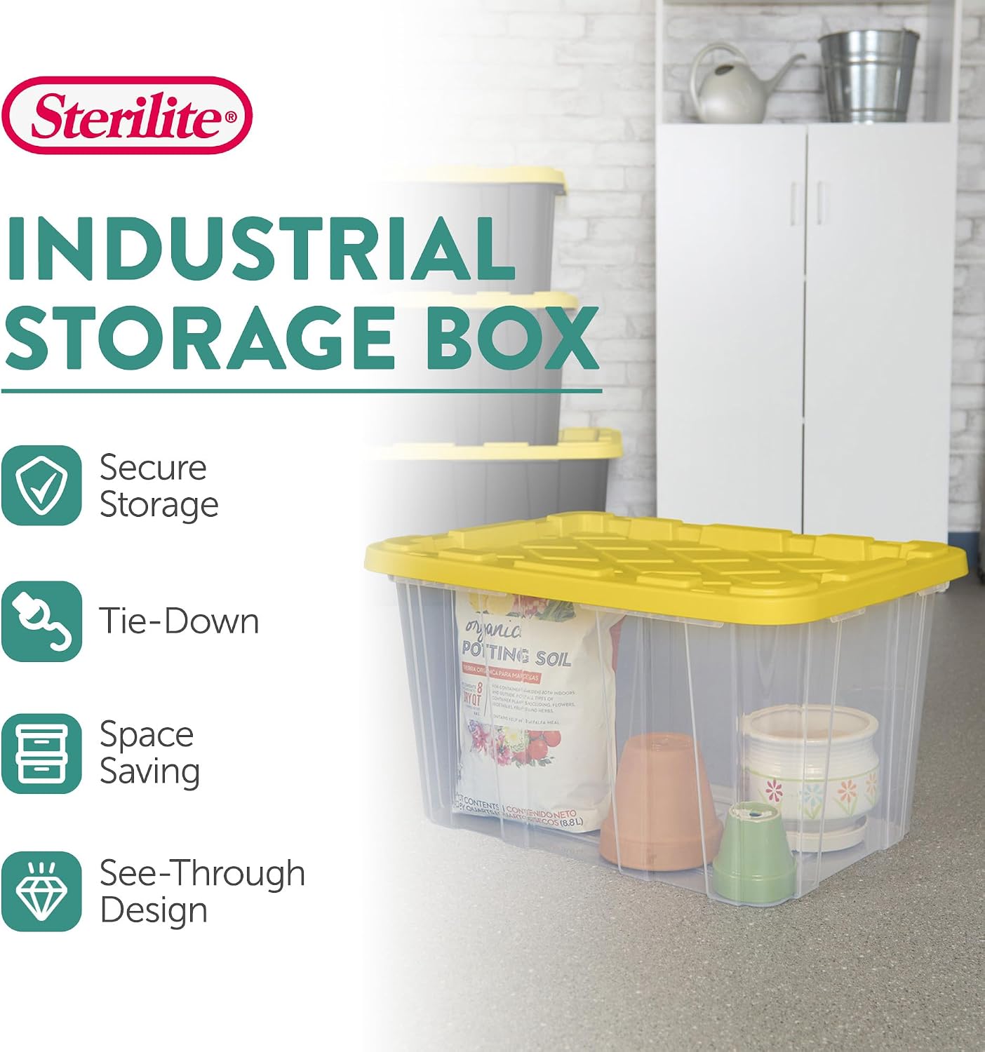 Sterilite 4-Pack 27 Gallon Industrial Storage Tote, Heavy-Duty Plastic Bins, Black/Yellow - Stackable Utility Organizers with Lids for Garage, Camping Tools, and Outdoor Gear