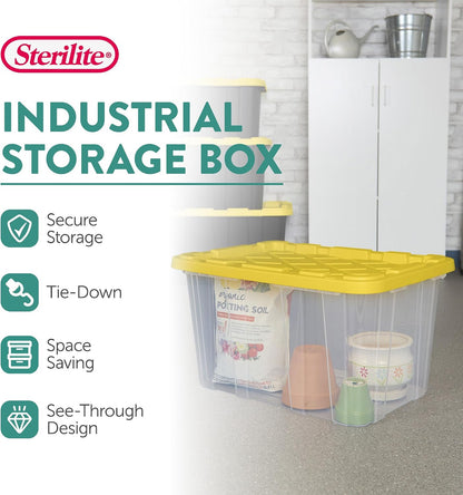 Sterilite 4-Pack 27 Gallon Industrial Storage Tote, Heavy-Duty Plastic Bins, Black/Yellow - Stackable Utility Organizers with Lids for Garage, Camping Tools, and Outdoor Gear