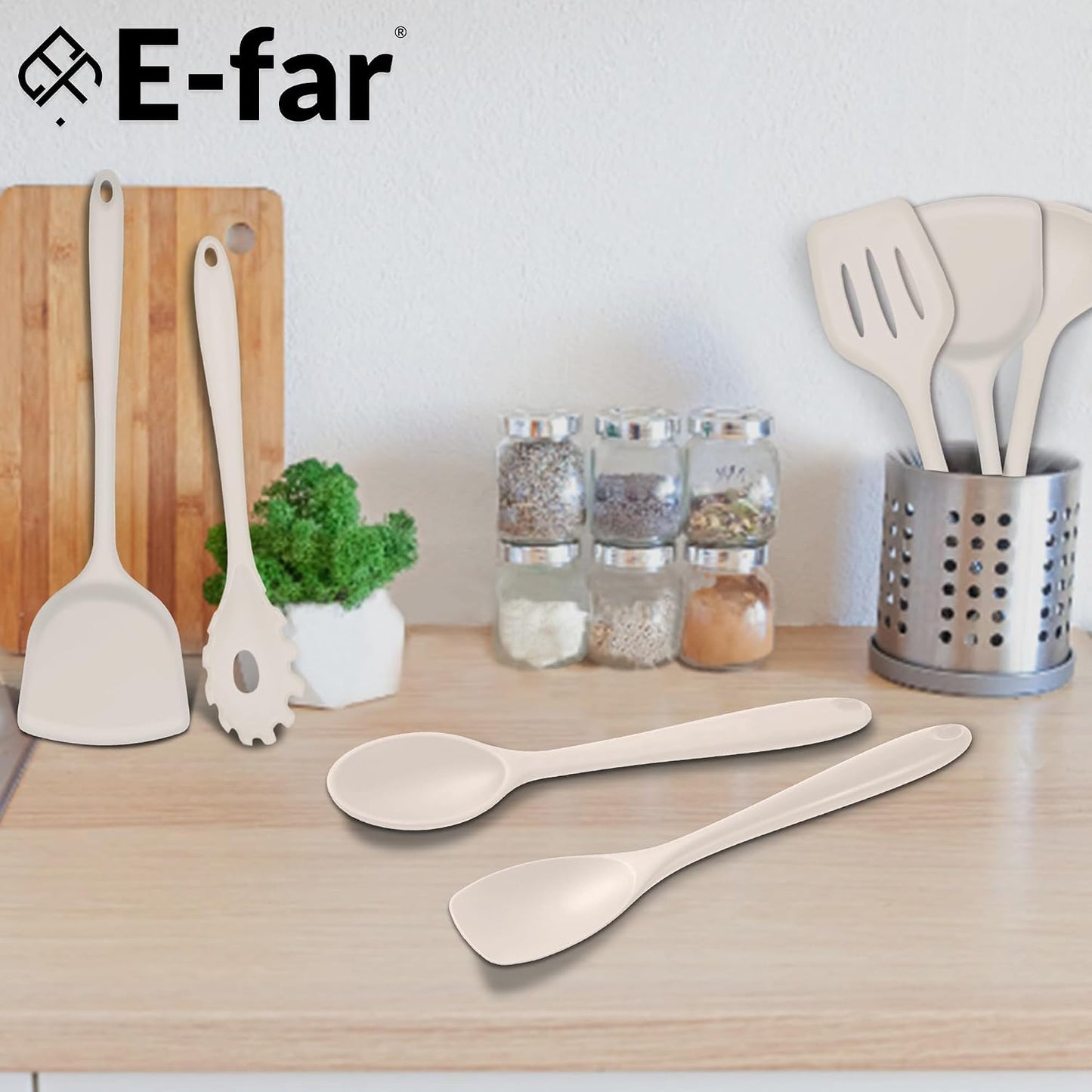 E-far 10 Pieces Silicone Cooking Utensils Set, Heat Resistant Kitchen Utensil Set for Nonstick Cookware, Kitchen Cooking Tools with Spatula, Spoon, Slotted Turner, Non-Toxic & Dishwasher Safe (Khaki)