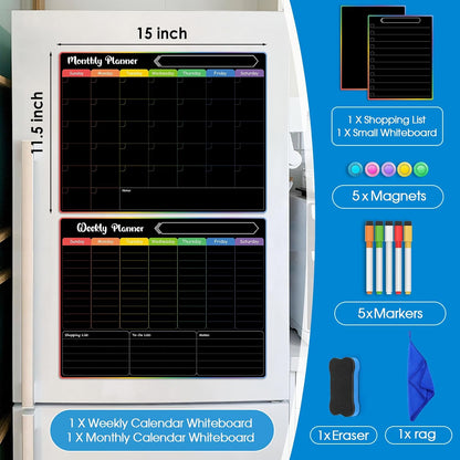 MaxGear 4 Pack Magnetic Fridge Calendar Set, 15" x 11.5" Dry Erase Whiteboard Calendar for Refrigerator, Includes Monthly, Weekly, List and Small Board with 5 Markers, 1 Eraser and 5 Magnets