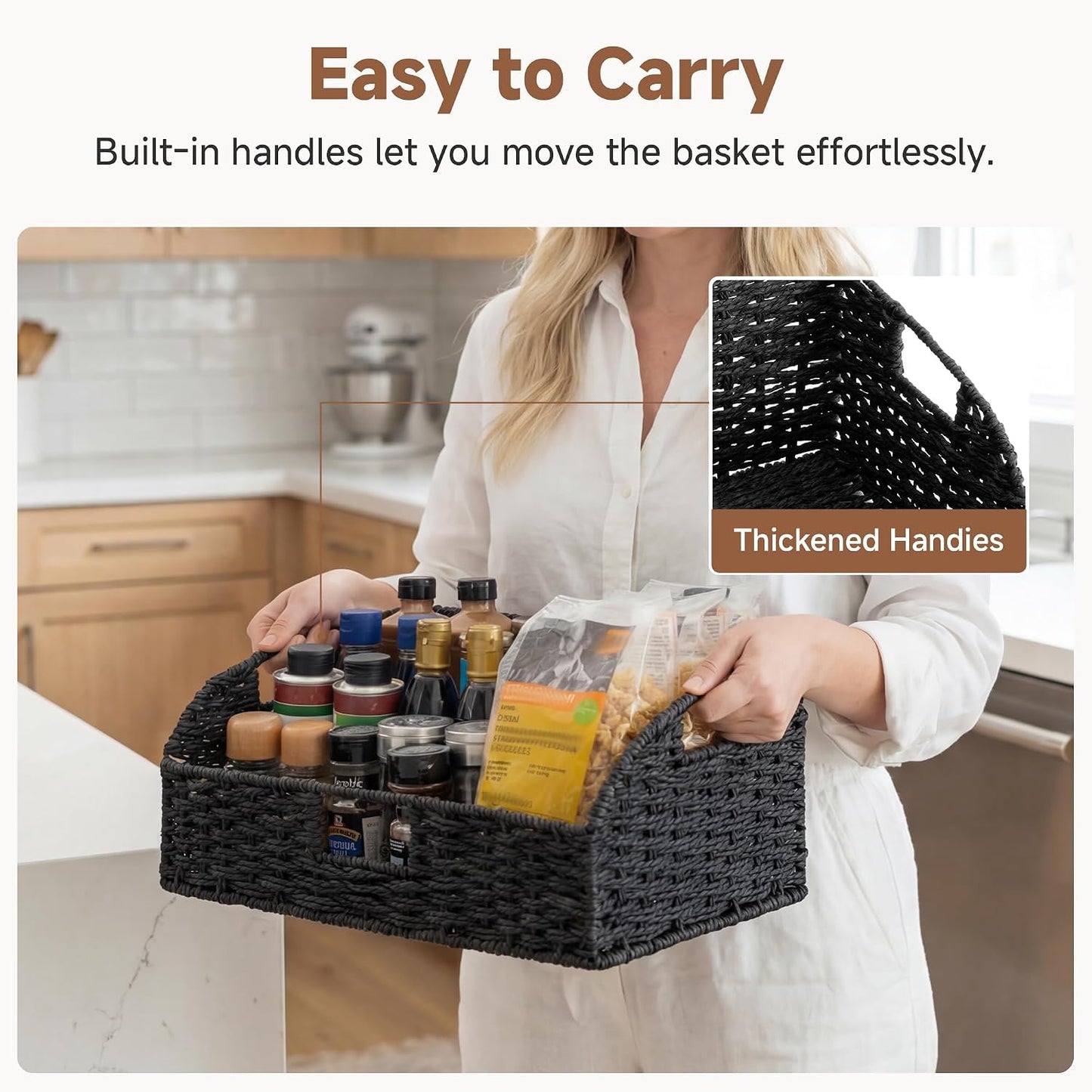 StorageWorks Water Hyacinth Pantry Storage Baskets, Wicker Baskets with Built-in Handles, Handwoven Shelf Baskets for Organizing, Pantry Organizers and Storage, 3 Pack