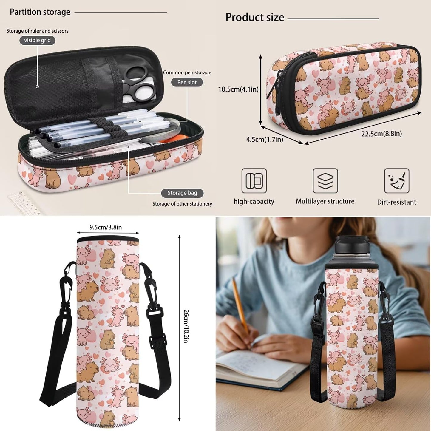 Highland Cow Backpack with Lunch Box Set for Kids Sunflower School Backpack for Girls Boys Back to School Bag Student Travel Backpacks Reusable Utensils Pen Case Water Bottle Bag 5PCS